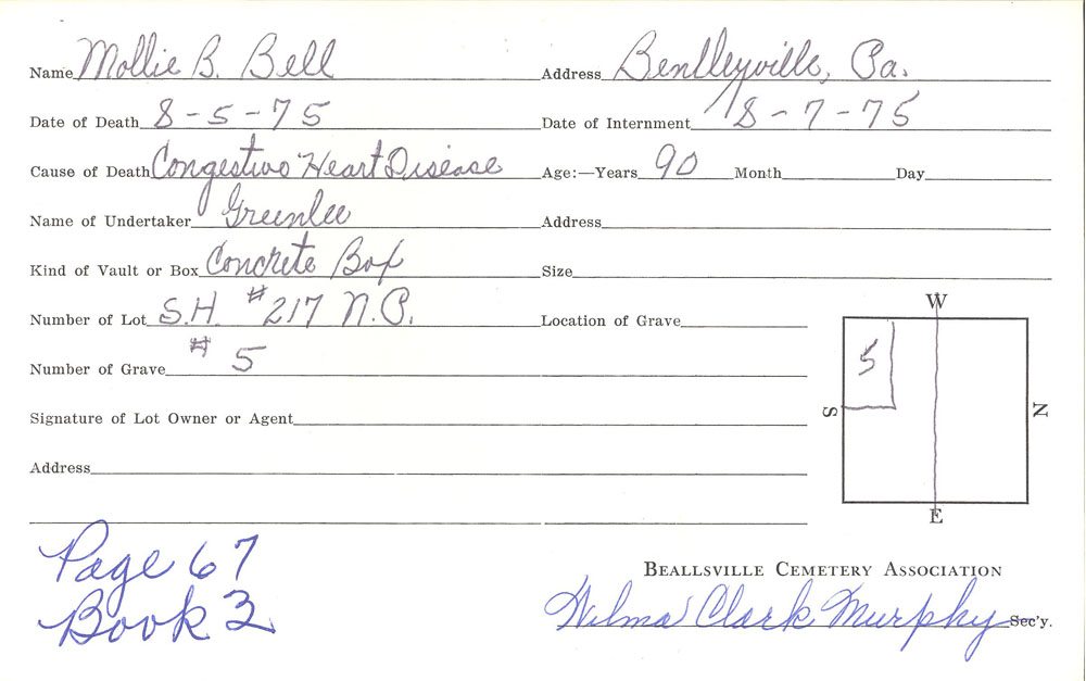 Mollie Bell Hershey Lee  burial card